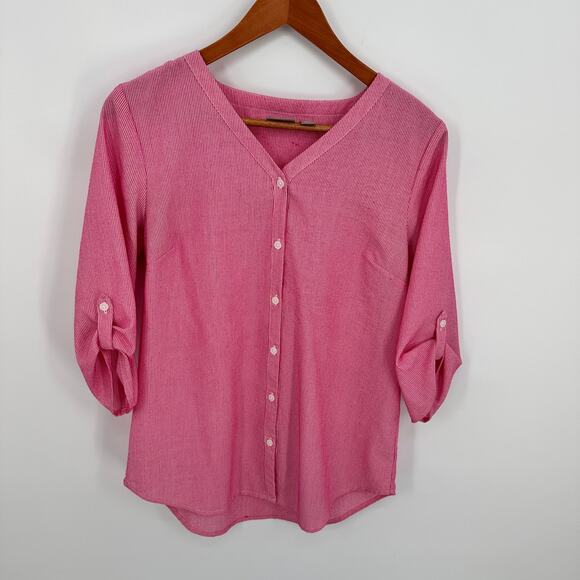 CHICOS Pink Stripe V-Neck Button Down Shirt // S - Picture 1 of 10